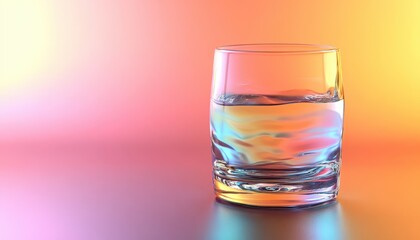A glass of water sits on a table against a vibrant gradient background at evening