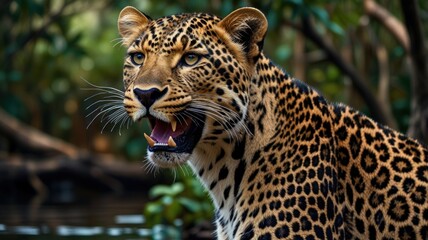 Obraz premium Close-up portrait of a leopard with its mouth open, showing its sharp teeth, against a blurred background of green foliage.