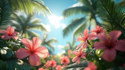 A vibrant tropical scene featuring pink flowers and palm trees under a bright sky.