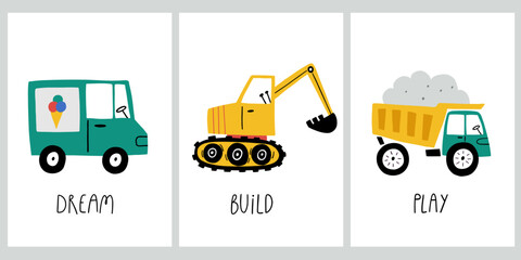 Dream Build Play. Cute cartoon baby boy posters with cars. Truck, bulldozer, excavator in cartoon style. Vector set with cute cars for fabric, textile, postcard, apparel or kids room design.