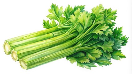 Fototapeta premium Watercolor painting of green celery stalks with fibrous texture and refreshing taste on white background