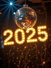 Shiny disco ball, glowing 2025 numbers in lights, New Year's Eve celebration, sparkling...