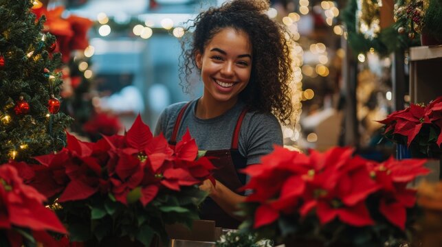 A young woman with curly hair is joyfully arranging vibrant red poinsettia flowers in a bustling floral shop beautifully decorated for the holiday season. The atmosphere is warm and festive.