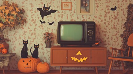 A cozy 1950s-style living room decorated for Halloween, with vintage black cat figurines, paper bats, and carved pumpkins on a retro TV stand