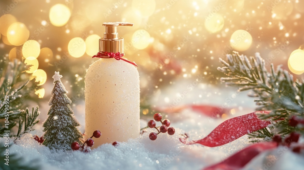 Aufkleber a white lotion bottle sits on a bed of fake snow. there are small red berries around the bottle and 