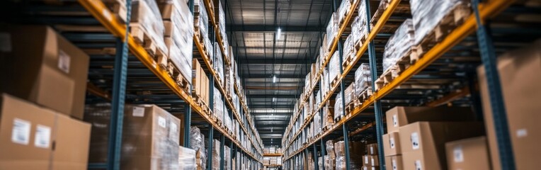Fototapeta premium The warehouse features rows of tall shelves stacked with boxes, demonstrating an efficient storage system. The setting is well-lit, emphasizing organization and order