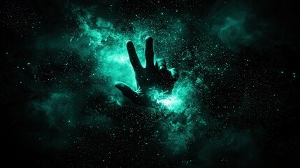 A Glimpse of Cosmic Serenity A Hand Reaching Through the Mystical Universe