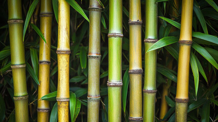 Row of bamboo sticks are shown in a close up. The bamboo sticks are brown and appear to be old. The...