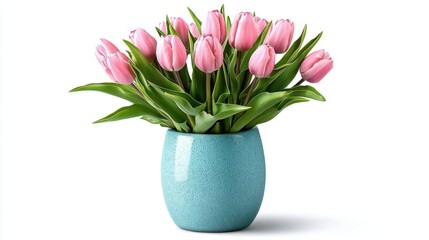 A photostock of a vase with pink tulips on a white background, clean composition