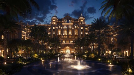 Fototapeta premium luxurious hotel in Dubai illuminated by lights, with palm trees and fountains in the foreground