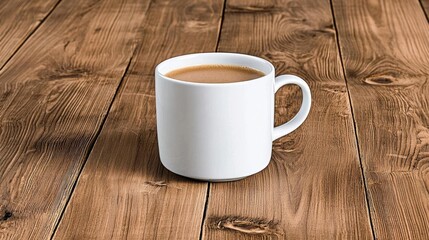 Obraz premium A photostock of a white cup with a saucer on a wooden table, minimal design