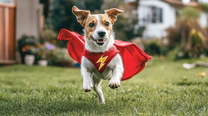 A dog in a simple DIY superhero costume with a cape made from a repurposed fabric and a lightning bolt on its back, running through a yard