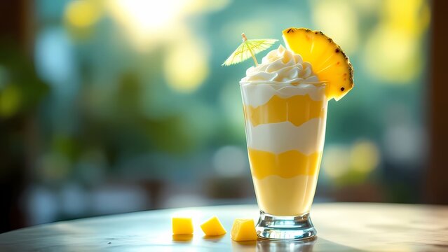 Tropical parfait with pineapple and whipped cream on a sunlit table