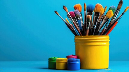 Obraz premium A photostock of a wooden table with paintbrushes and art supplies, rustic background