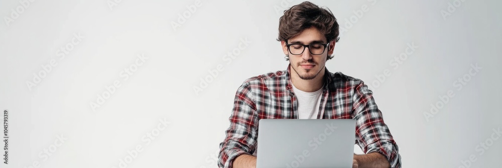 Aufkleber a young man is intently working at his laptop, engaged in remote projects in a bright, minimalist wo