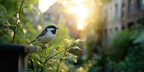 A Great Tit in an urban garden setting, hopping between feeders, with tall houses in the background