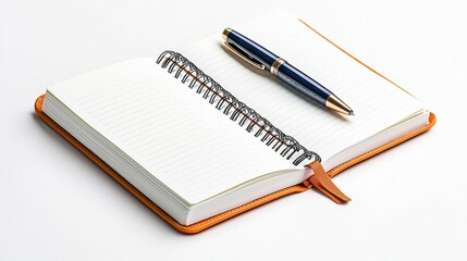 A photostock of an open notebook with a pen, on a white background, clean style