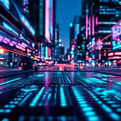 Fototapeta premium Blockchain governance, holographic digital voting, futuristic city backdrop, neon-lit streets