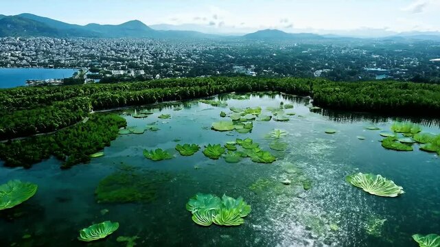 breathtaking aerial closeup lagoon adorned sea lettuces stunning natural scenery Inciralti City Forest Izmir complete mountains views 4K footage agriculture autumn background