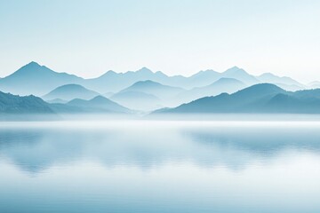 Beautiful lake in misty morning. Mountains, forest and clouds reflected in the calm water surface. Norwegian dark autumn landscape. Nature, ecology, eco tourism. Travel and vacation concept