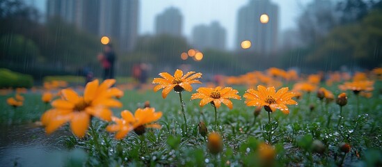A rainy scene featuring vibrant orange flowers in a park with blurred city buildings in the background.