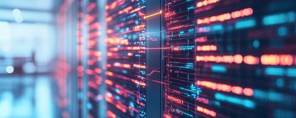 Blockchain innovation hub, augmented reality data flow, sleek tech lab, neon-lit background