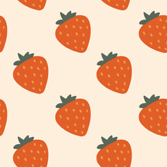Hand drawn seamless vector strawberry pattern on beige