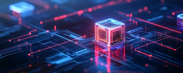 Blockchain logistics, neon-glowing data exchange, futuristic smart city infrastructure