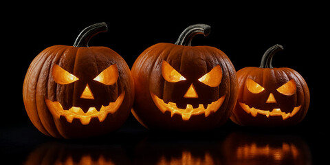  Drei leuchtende Halloween-K&uuml;rbislaternen mit gruseligen Gesichtern, die in einer dunklen Umgebung f&uuml;r eine unheimliche Stimmung sorgen