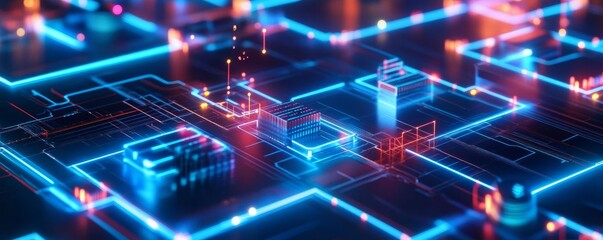 Fototapeta premium Blockchain logistics platform, floating data points, futuristic neon-lit warehouse