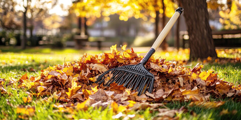 Close-up view of a rake on a pile of autumn leaves in a park, with warm sunlight filtering through colorful fall foliage. The scene captures the essence of seasonal gardening and leaf cleaning..