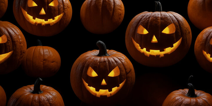 Gruppe von Halloween-K&uuml;rbislaternen mit verschiedenen gruseligen Gesichtern, die in einer dunklen Umgebung leuchten und eine festliche und unheimliche Stimmung schaffen
