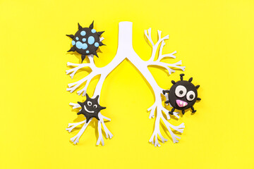 Paper lungs with plasticine viruses on yellow background