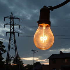 burning incandescent light bulb against the background of the night sky and power lines