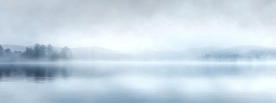 Beautiful lake in misty morning. Mountains, forest and clouds reflected in the calm water surface. Norwegian dark autumn landscape. Nature, ecology, eco tourism. Travel and vacation concept