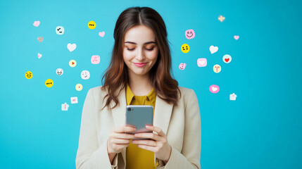 Young woman engaging with social media on smartphone with emojis