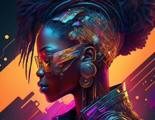 a fusion of afrofuturism with cybernetic psychedelia detailed line art editorial photography and elements of elfcore