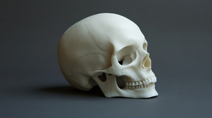 A simple white skull on a dark gray background, with minimal lighting creating a stark, eerie atmosphere