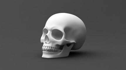 A simple white skull on a dark gray background, with minimal lighting creating a stark, eerie atmosphere