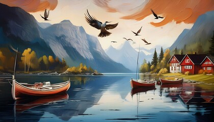 a norwegian style oil painting with boats on the lake and flying birds