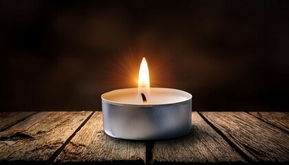 a small tealight candle burning brightly placed on a rustic wooden table
