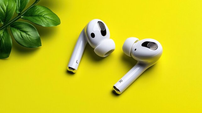 A photostock of two earbuds and a smartphone, yellow background, tech theme