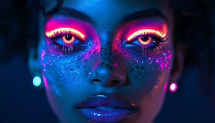 A captivating portrait featuring neon makeup and striking eyes illuminated by vibrant colors, showcasing beauty and artistic expression.