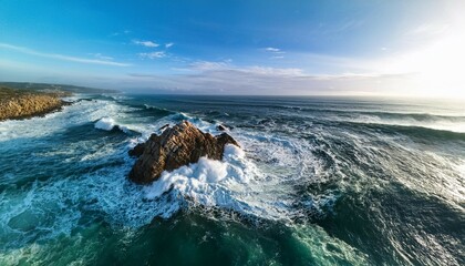 aerial photo of strong and powerful ocean with huge waves rocks