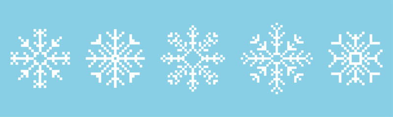 Fototapeta premium Pixel snowflake winter retro pixilated 8 bit game stamp. Set Holiday flake ornament. Simple crystal ornament. 