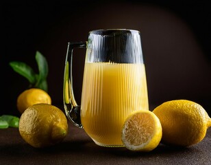 an interestingly shaped juice with lemons next to it standing in a dark environment