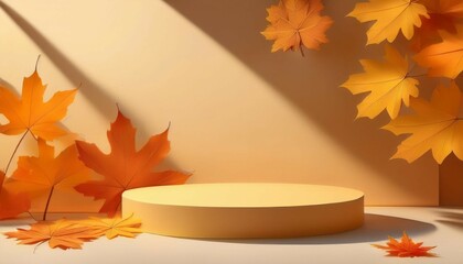 autumn concept with cylinder podiums for promotion product presentation geometric forms and shadow of the maple tree leaves on a wall abstract autumn scene with copy space generative ai