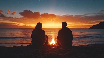 A couple enjoys a serene sunset by the beach, sitting by a warm campfire.