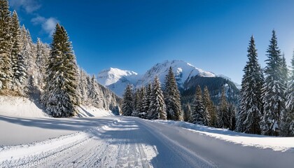 beautiful natural panorama of snowy winter road with mountains and spruce