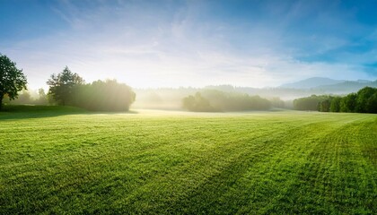 Obraz premium beautiful summer natural landscape with lawn with cut fresh grass in early morning with light fog panoramic spring background